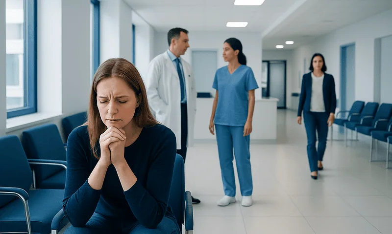 Patient experiencing anxiety in a hospital corridor with medical staff nearby.