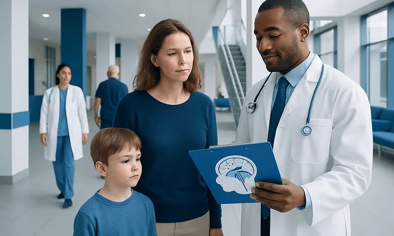 Doctor explaining brain health to a mother and child in hospital corridor.