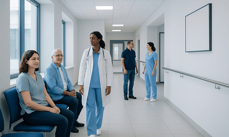 Healthcare professionals and patients in a hospital corridor.
