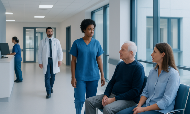 Medical consultation with healthcare professionals in a hospital corridor.