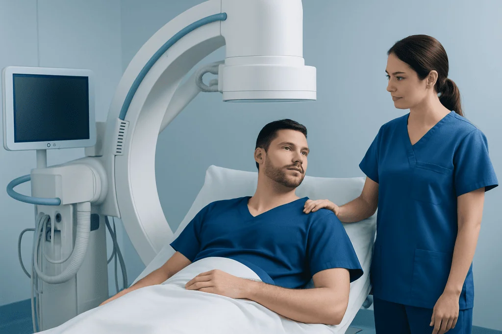 Medical professional consulting patient in hospital room with imaging equipment.