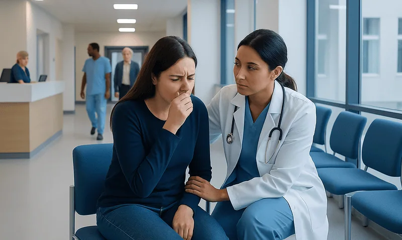 Patient experiencing asthma symptoms with healthcare professional in hospital corridor.