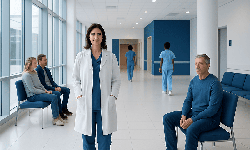 Healthcare professionals and patients in a modern hospital corridor.