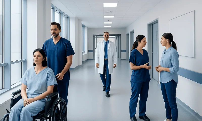 Medical team in hospital corridor with patient in wheelchair and staff in scrubs.