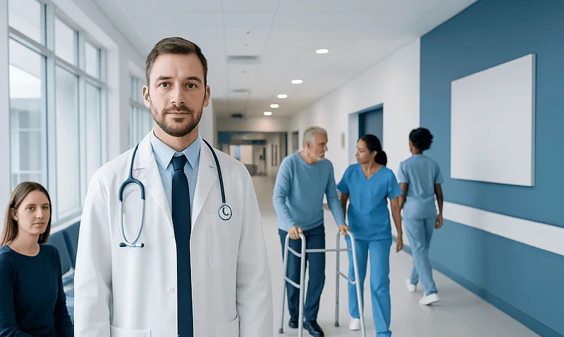 Medical team in hospital corridor with doctor and patients.