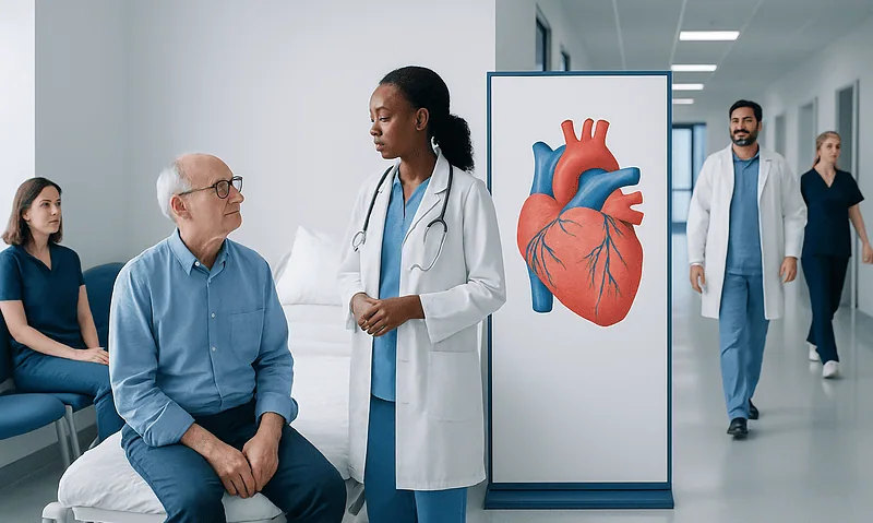 Doctor explaining heart health to patient in hospital corridor with heart diagram.