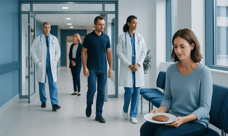 Patient waiting in hospital corridor with medical staff nearby.