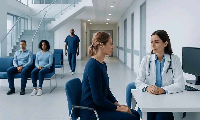 APOE Gene Test Results and Their Health Meaning 7 Doctor consulting with patient in hospital corridor with waiting area.
