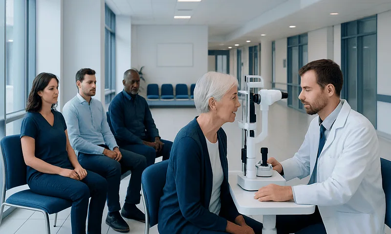 Ophthalmologist examines elderly woman's eye using slit lamp in clinic.