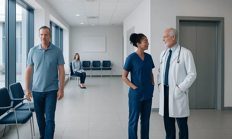 Medical professionals and patients in a hospital corridor at Acibadem Hospitals Group.