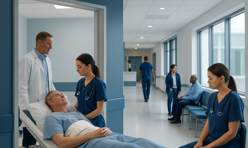 Hospital staff attending to a patient in a modern medical facility.