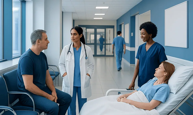 Medical team consulting with patient in hospital corridor.