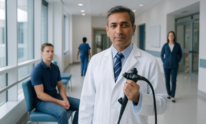 Doctor holding endoscope in hospital corridor with patients in background.