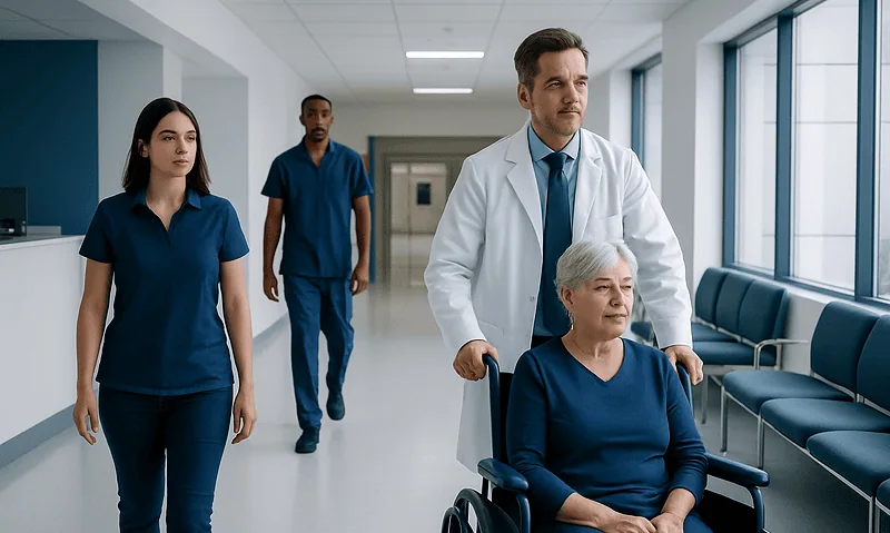 Hospital staff assisting elderly patient in wheelchair in corridor.