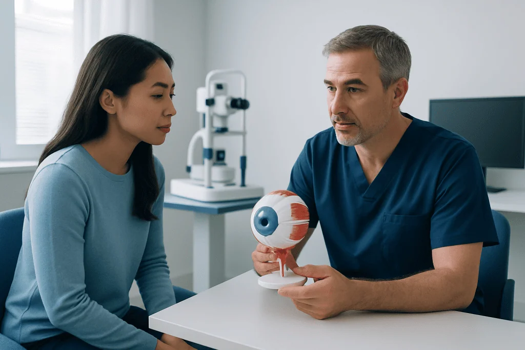 Ophthalmologist explaining eye anatomy to patient during consultation.
