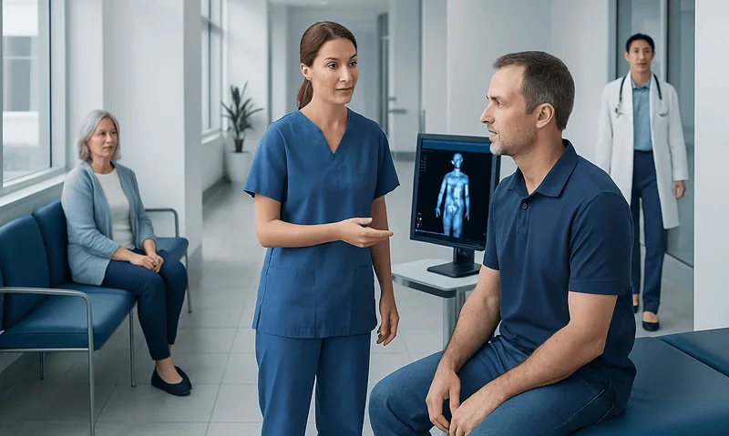 Medical consultation at Acibadem Hospital with PET scan discussion.