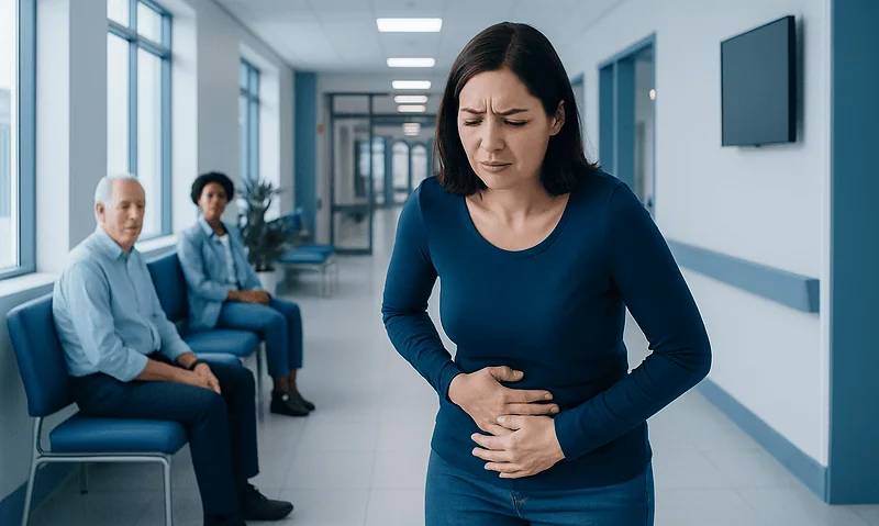 Woman experiencing stomach pain in hospital corridor with waiting patients.