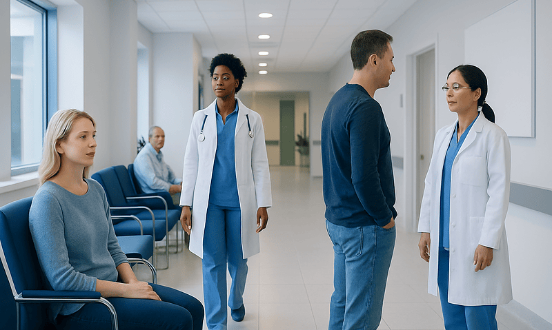 Hospital waiting area with medical staff and patients.