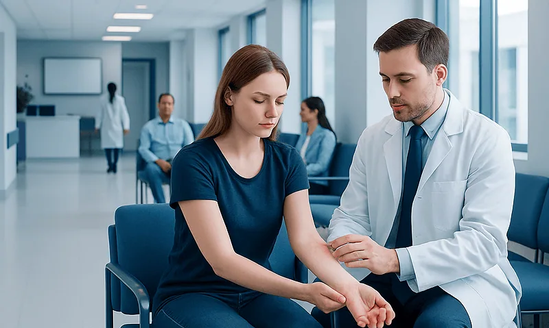 Doctor examining a patient's arm in a modern hospital waiting area.