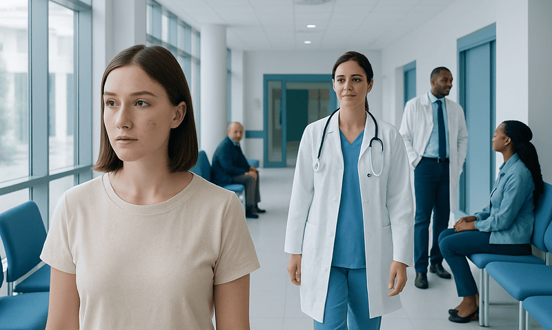 Patient waiting in hospital corridor with medical staff nearby.