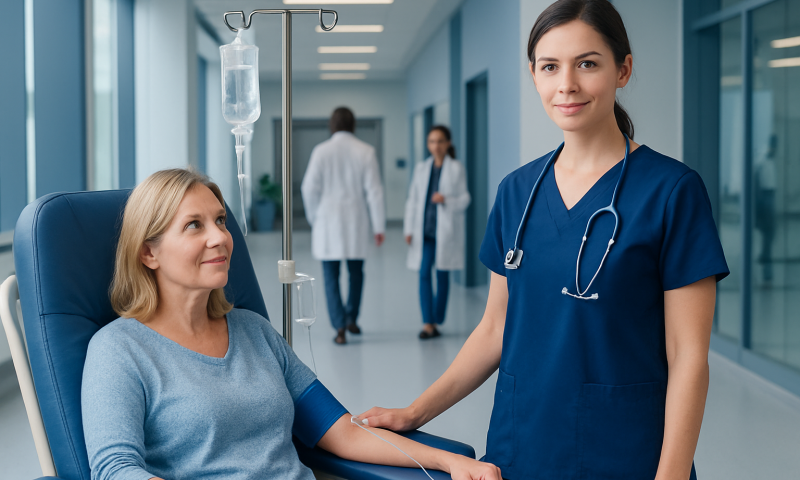 Nurse assisting patient during infusion therapy at Acibadem Hospital.