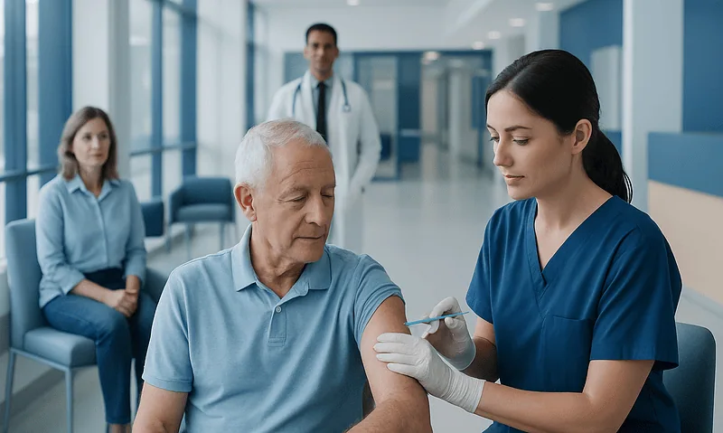 Doctor administering shingles vaccine to elderly patient in clinic.