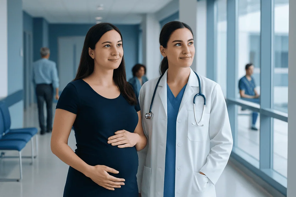 Intrauterine Pregnancy Explained: Causes, Management, and When to See a Doctor 1 Pregnant woman with doctor in hospital corridor.