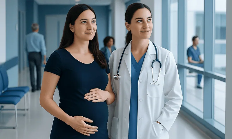 Pregnant woman with doctor in hospital corridor.