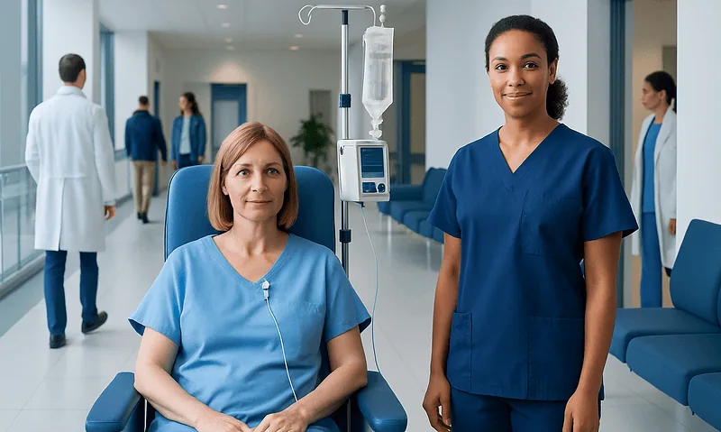 Patient with IV port in hospital corridor with medical staff and staff in background.