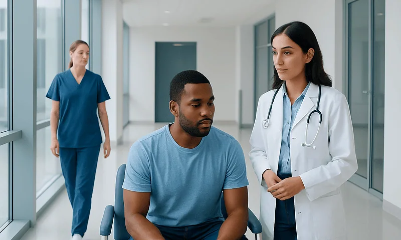 Medical consultation with healthcare professionals in a hospital corridor.