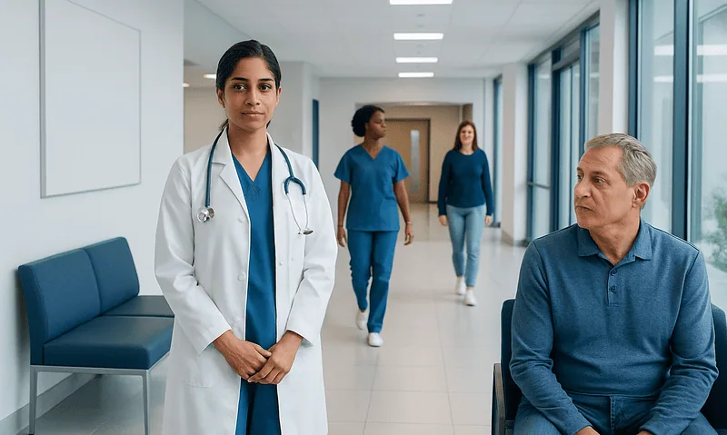 Healthcare professionals and a patient in a modern hospital corridor.