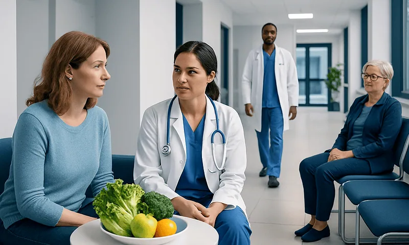 Doctor consulting with patients in a hospital corridor.