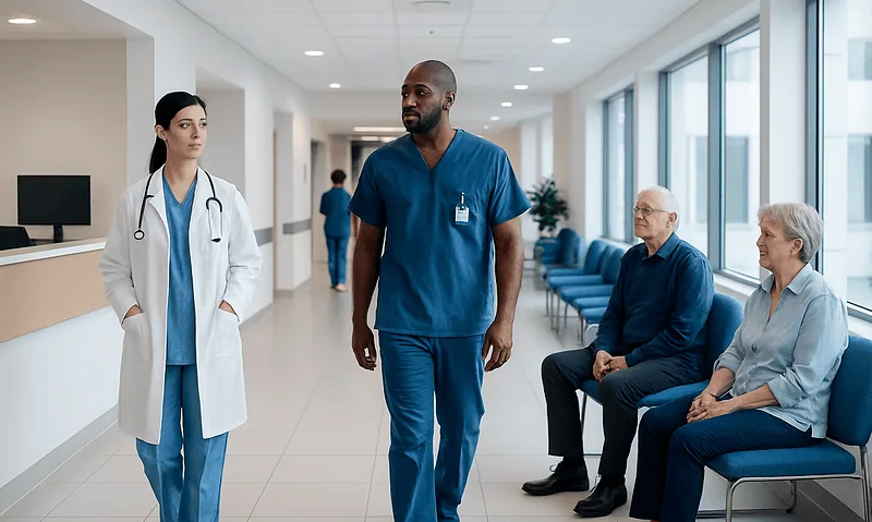 Healthcare professionals and patients in a modern hospital corridor.