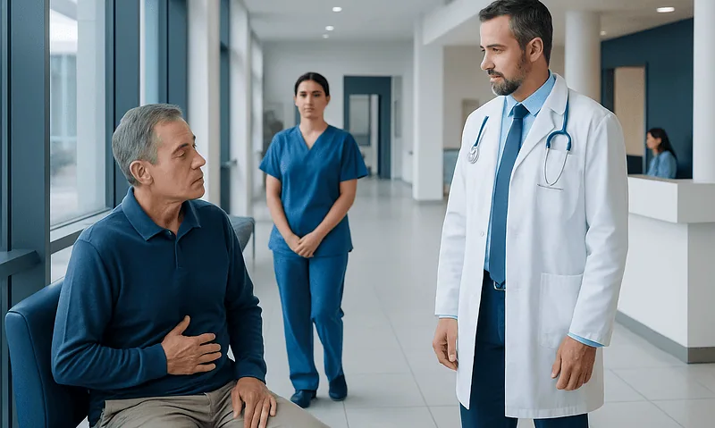 Endoscopy: When Is It Recommended for Upper Digestive Symptoms? 6 Doctor discussing with patient in hospital corridor.