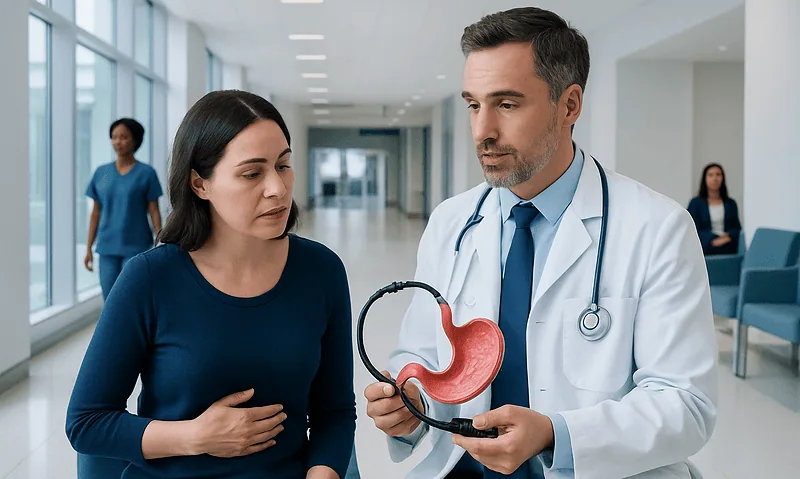 Endoscopy for Stomach Pain or Reflux: When Is It Recommended? 4 Doctor explaining stomach endoscopy to a patient in hospital corridor.