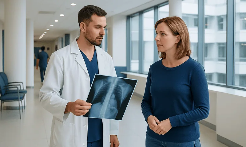 Doctor showing chest X-ray to female patient in hospital corridor.