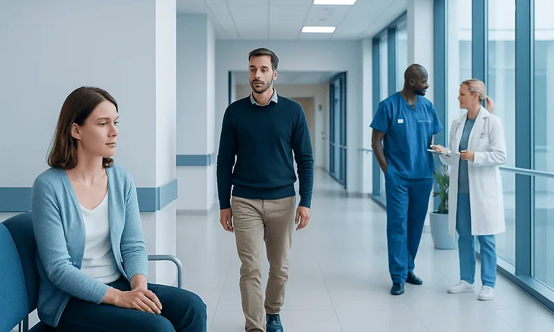 Patients and medical staff in a modern hospital corridor.
