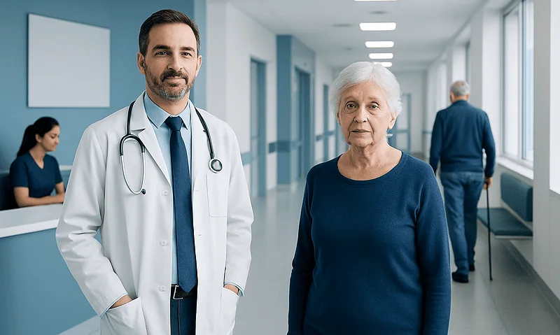 Doctor and elderly patient in hospital corridor at Acibadem Hospitals Group.