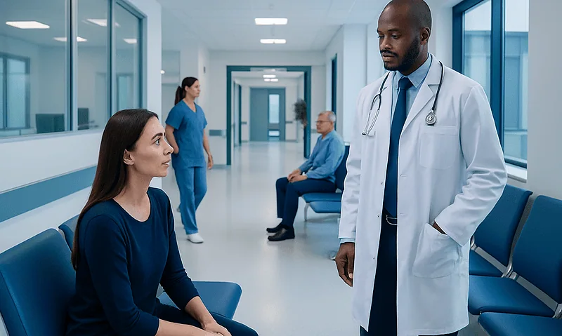 Doctor talking to a patient in a hospital corridor with other patients and staff.