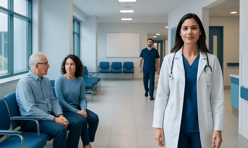 Healthcare professional in a hospital corridor with patients waiting.