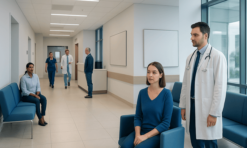 Medical consultation in a modern hospital corridor with patients and doctors.