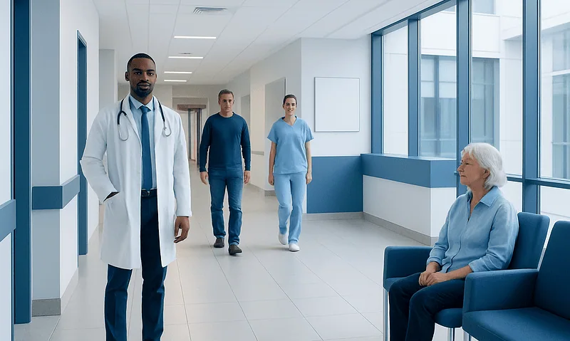 Medical team with patient in hospital corridor at Acibadem Hospitals Group.
