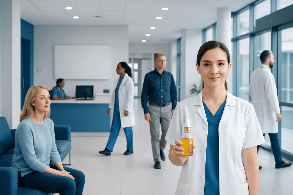 Argan Oil for Skin: A Complete Medical Overview 1 Young female doctor holding a bottle of oil in a hospital corridor.