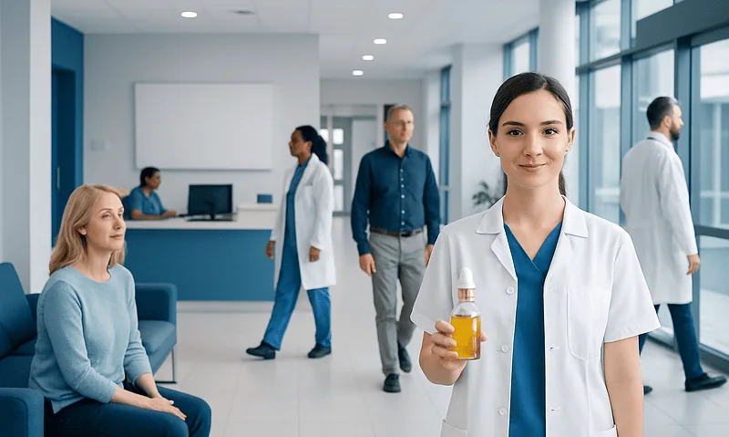 Young female doctor holding a bottle of oil in a hospital corridor.