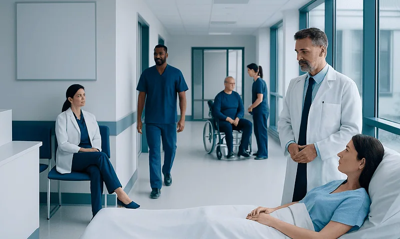 Medical team consulting with patient in hospital corridor.