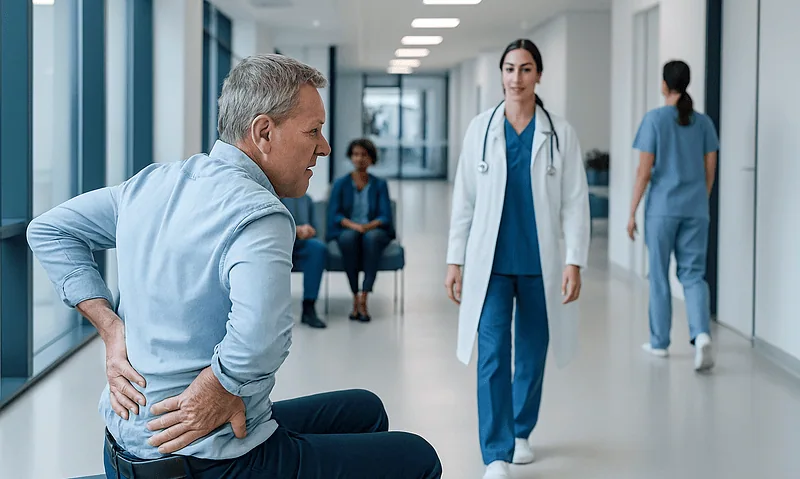 Patient experiencing back pain in hospital corridor with medical staff nearby.