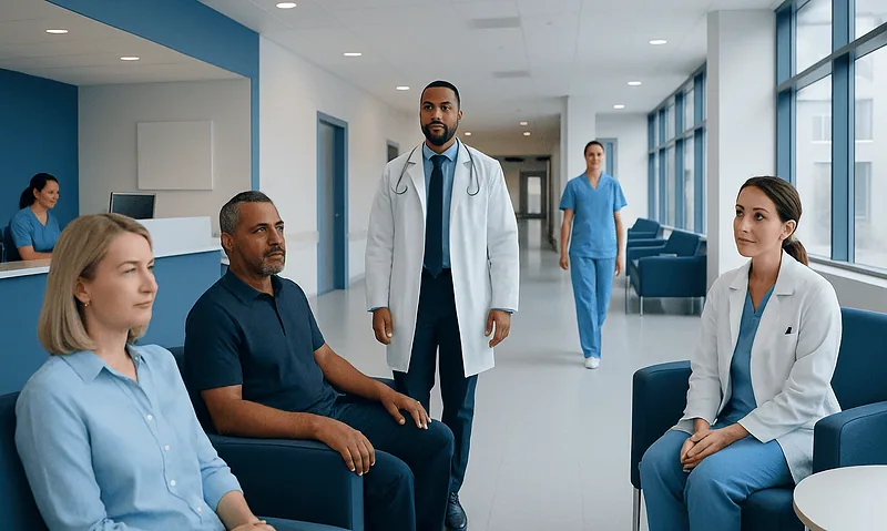 Medical consultation in a modern hospital waiting area with healthcare professionals and patients.
