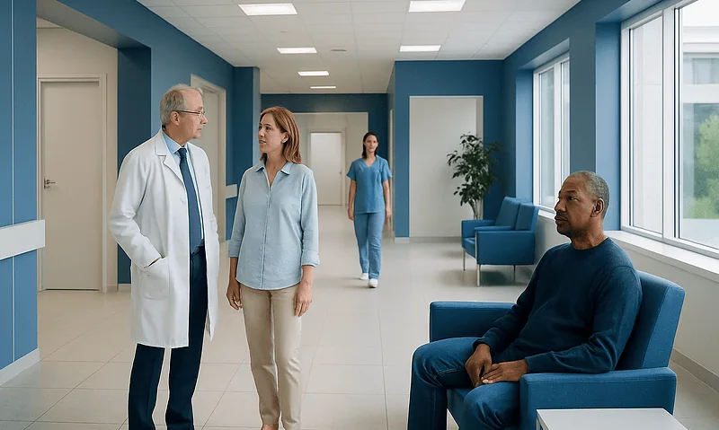 Medical consultation in a hospital corridor with doctors and patient.