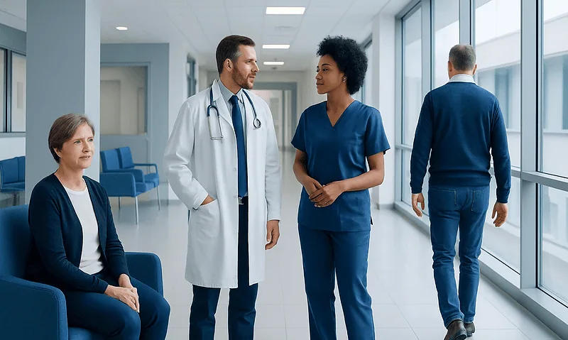 Healthcare professionals and patient in hospital corridor at Acibadem Hospitals Group.