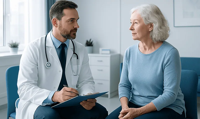 Doctor consulting with an elderly female patient in a medical office.